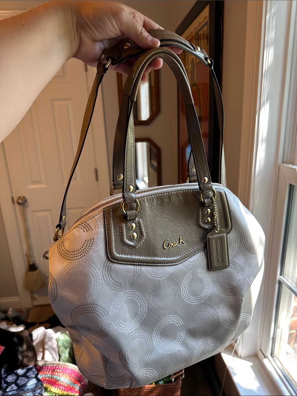 Coach Two-Tone Circle Jacquard Satchel in Light Gray and Metallic Taupe